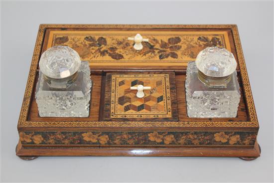 A Tunbridge ware rosewood floral mosaic and perspective cube inkstand, 10.5in.